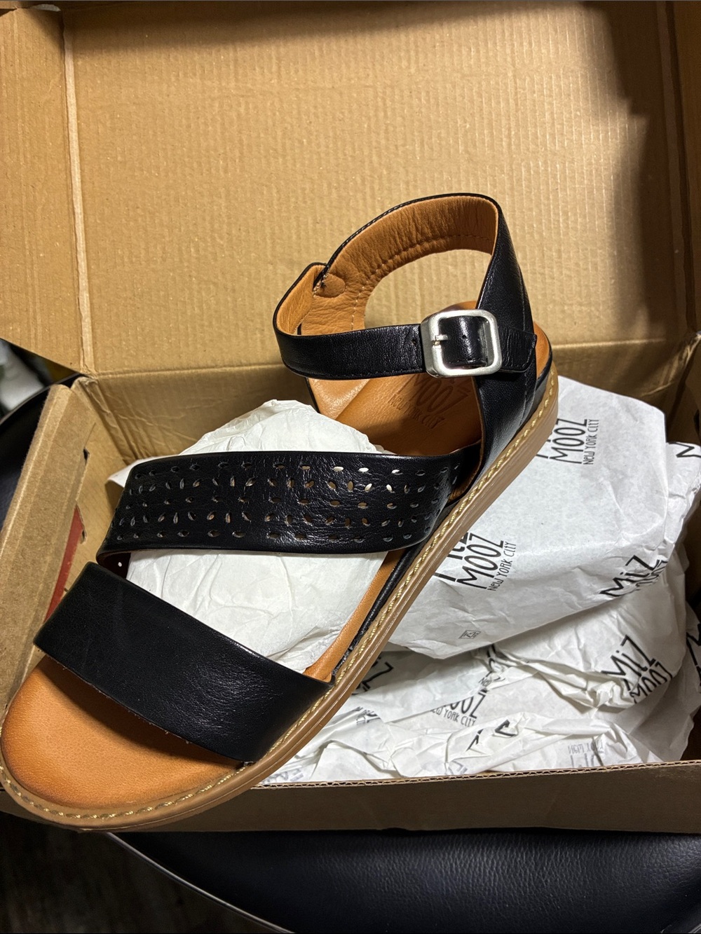 Miz Mooz Black Leather Ankle-Strap Sandals with Perforated Toe Strap